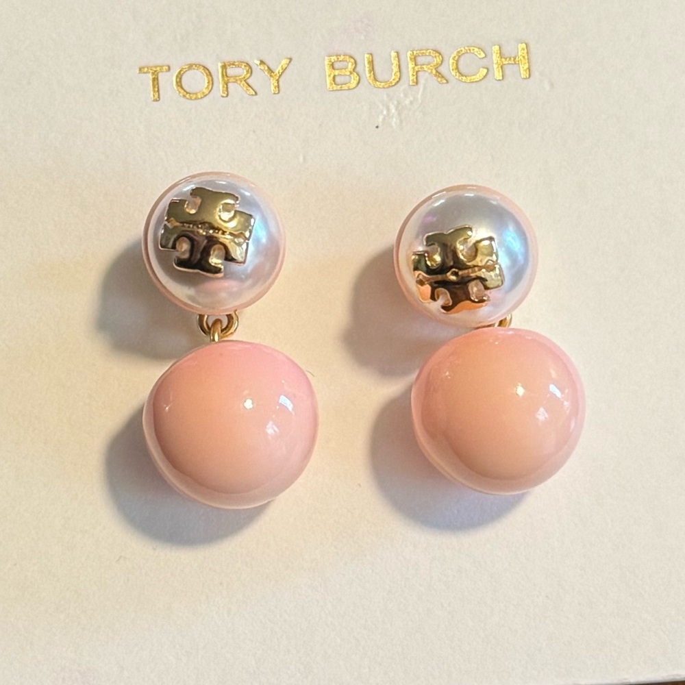 Tory Burch Soft Pink and Gold Double Sphere Earrings